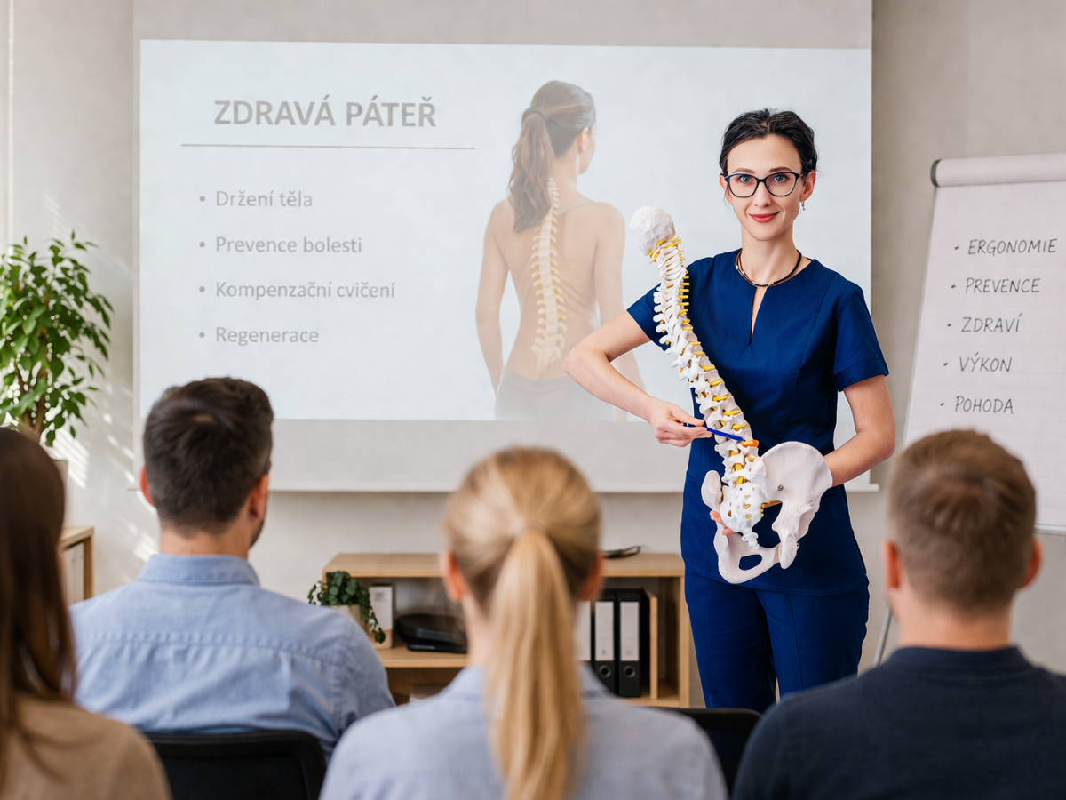 Kateřina Študentová vede přednášku pro skupinu zaměstnanců